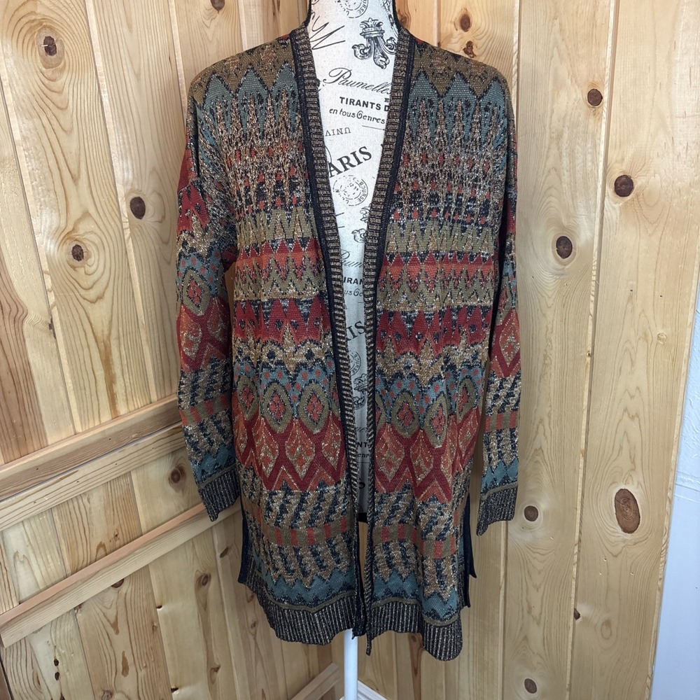 Peruvian Connection Dauphine Open Longline Cardigan Metallic Floral Medallion M